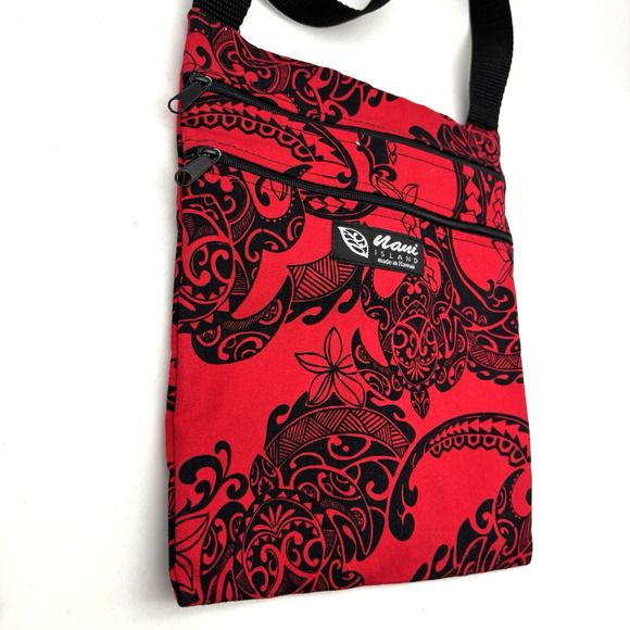 Vintage 00s Y2K Maui Island Handmade Red Tribal Turtle Print Crossbody Bag 10x8" - Picture 3 of 13